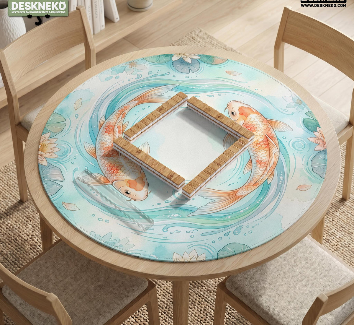 A soft blue mahjong mat with koi fish, floating lily pads, pale floral details, and a watercolor-style pond design.