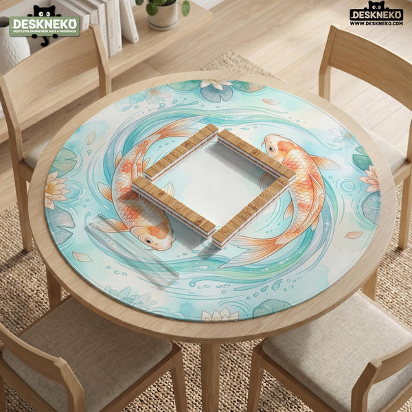 A soft blue mahjong mat with koi fish, floating lily pads, pale floral details, and a watercolor-style pond design.