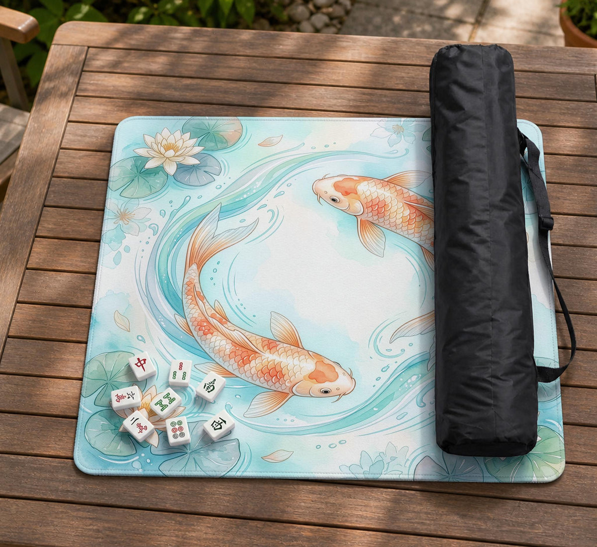 A soft blue mahjong mat with koi fish, floating lily pads, pale floral details, and a watercolor-style pond design.