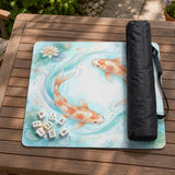 A soft blue mahjong mat with koi fish, floating lily pads, pale floral details, and a watercolor-style pond design.