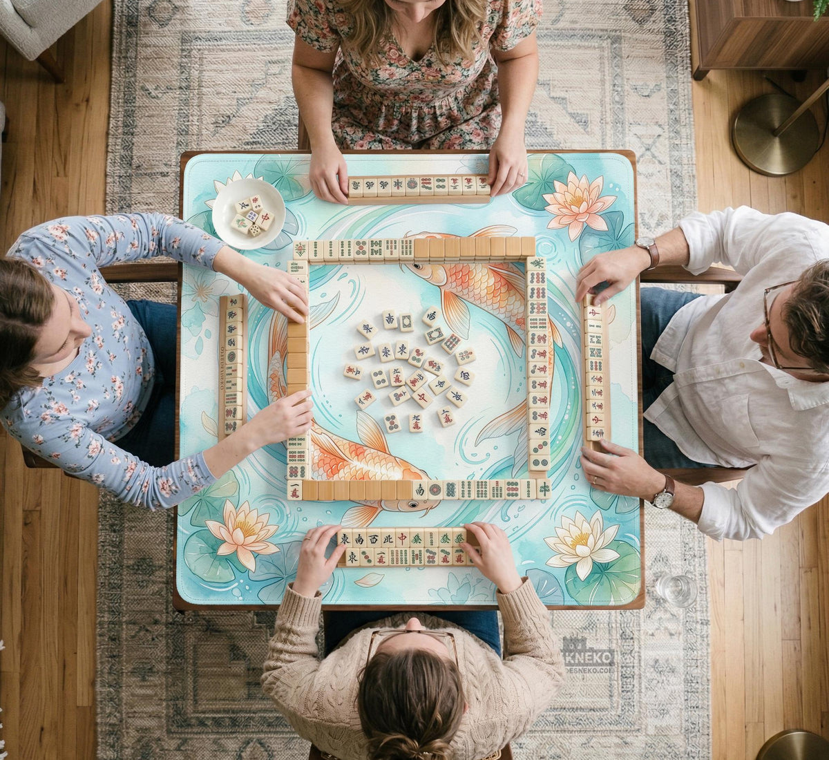 A soft blue mahjong mat with koi fish, floating lily pads, pale floral details, and a watercolor-style pond design.
