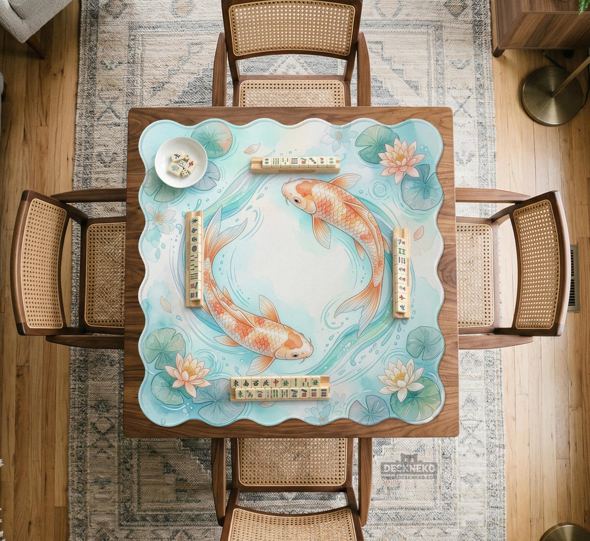 A soft blue mahjong mat with koi fish, floating lily pads, pale floral details, and a watercolor-style pond design.