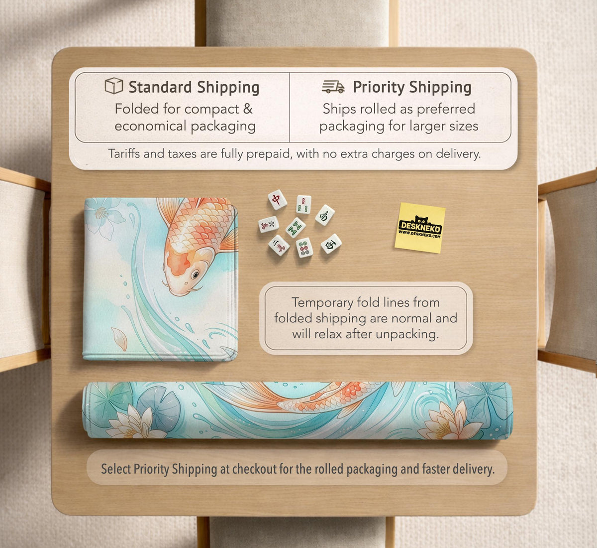 A soft blue mahjong mat with koi fish, floating lily pads, pale floral details, and a watercolor-style pond design.