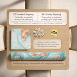 A soft blue mahjong mat with koi fish, floating lily pads, pale floral details, and a watercolor-style pond design.