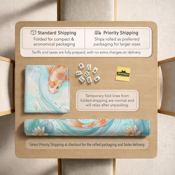 A soft blue mahjong mat with koi fish, floating lily pads, pale floral details, and a watercolor-style pond design.