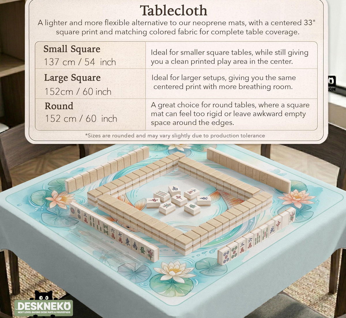 A soft blue mahjong mat with koi fish, floating lily pads, pale floral details, and a watercolor-style pond design.