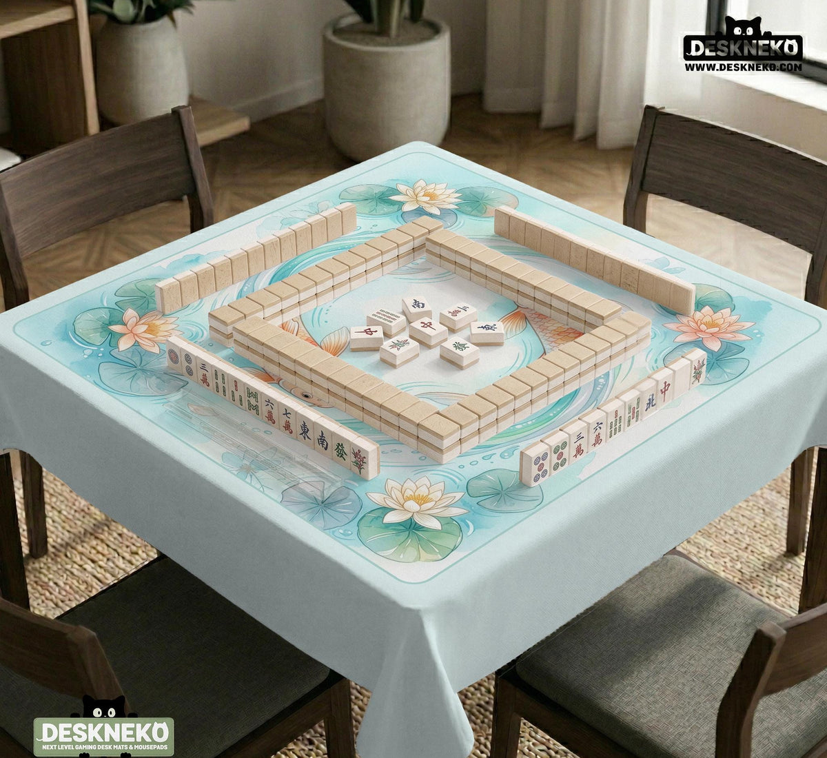 A soft blue mahjong mat with koi fish, floating lily pads, pale floral details, and a watercolor-style pond design.