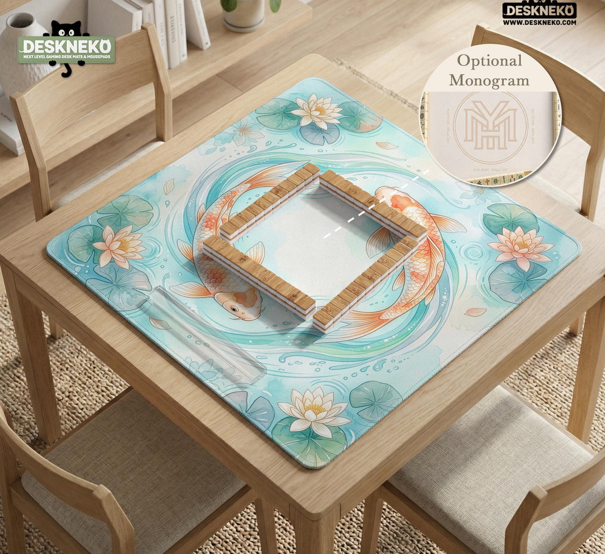 A soft blue mahjong mat with koi fish, floating lily pads, pale floral details, and a watercolor-style pond design.