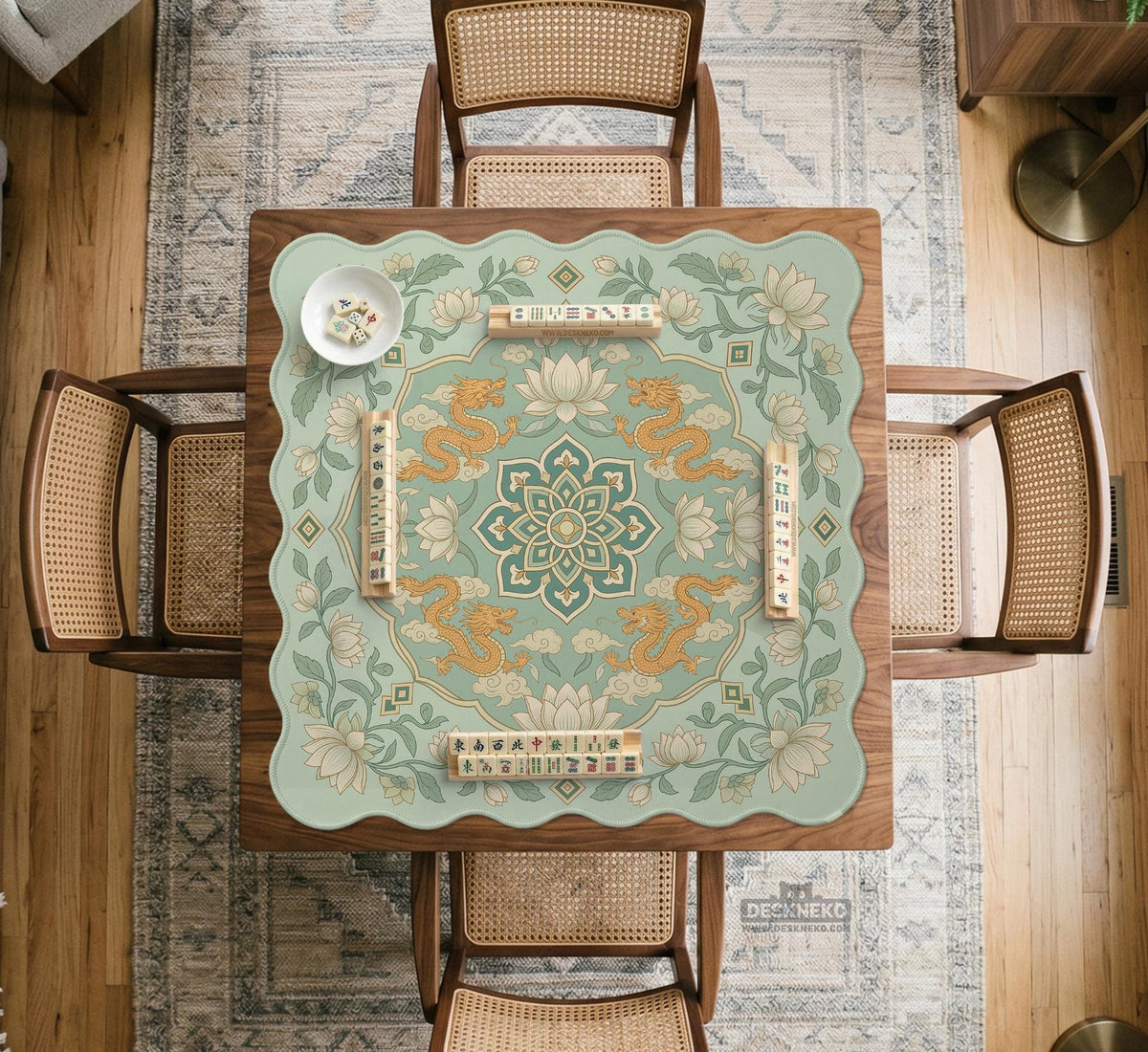 Sage green square mahjong mat with lotus flowers, golden dragons, and an ornamental center design.