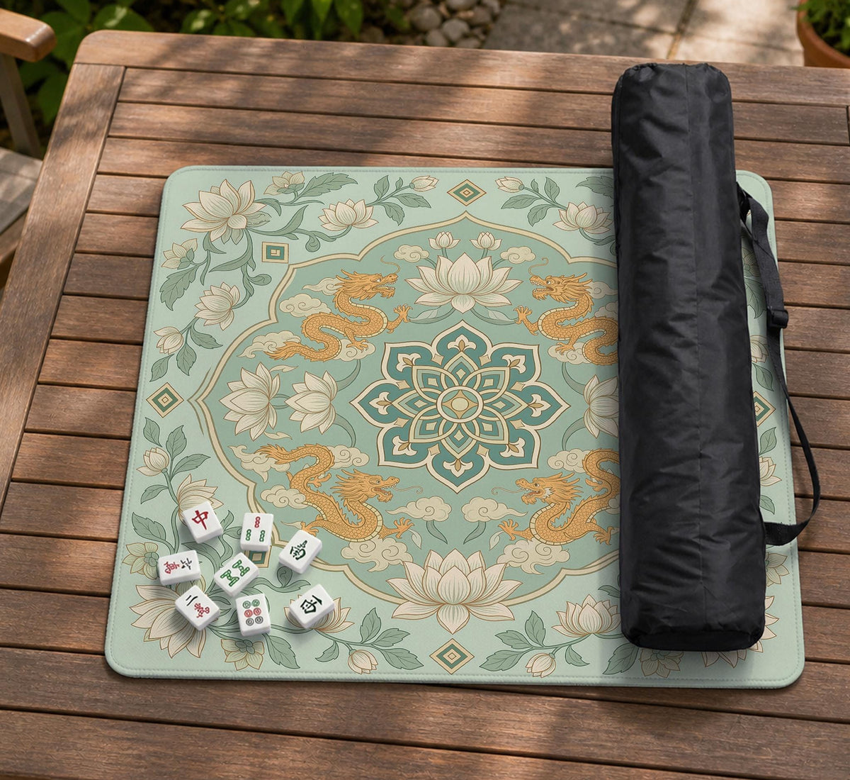 Sage green square mahjong mat with lotus flowers, golden dragons, and an ornamental center design.