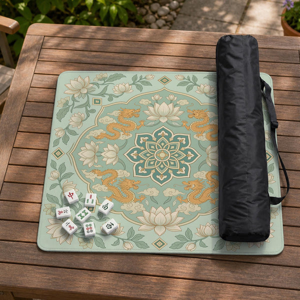 Sage green square mahjong mat with lotus flowers, golden dragons, and an ornamental center design.