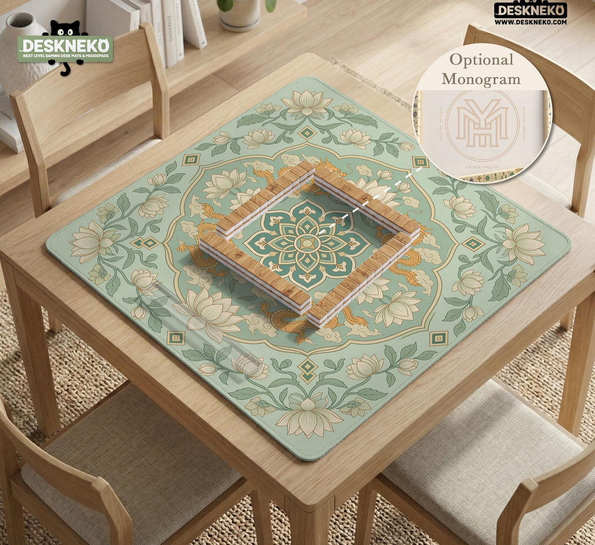 Sage green square mahjong mat with lotus flowers, golden dragons, and an ornamental center design.