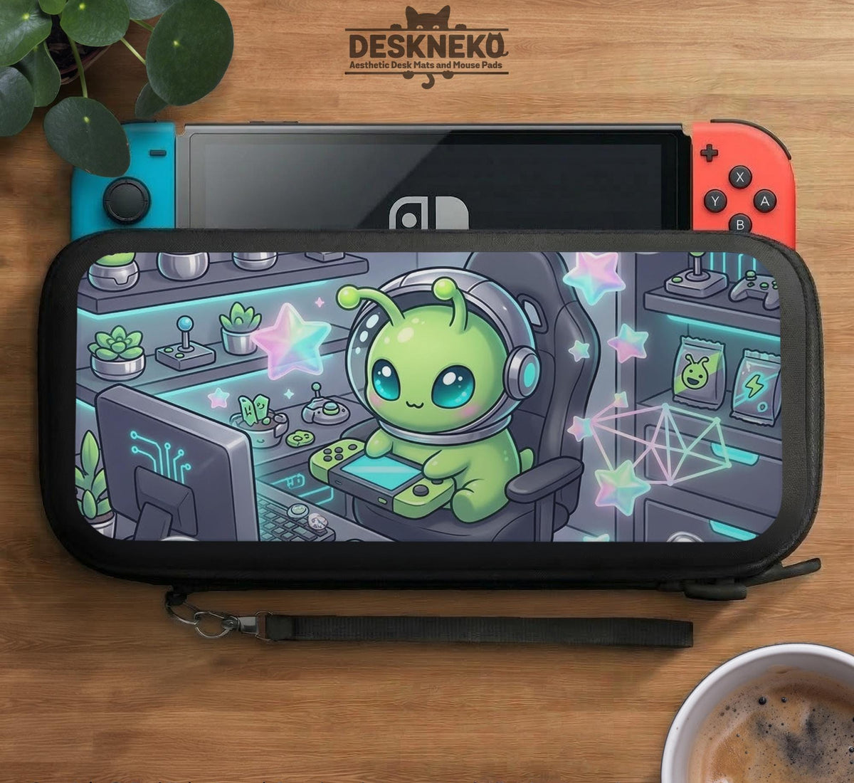 A Switch carrying case design with a cute green alien at a gaming desk, glowing cyan lights, and pastel stars on a dark background.