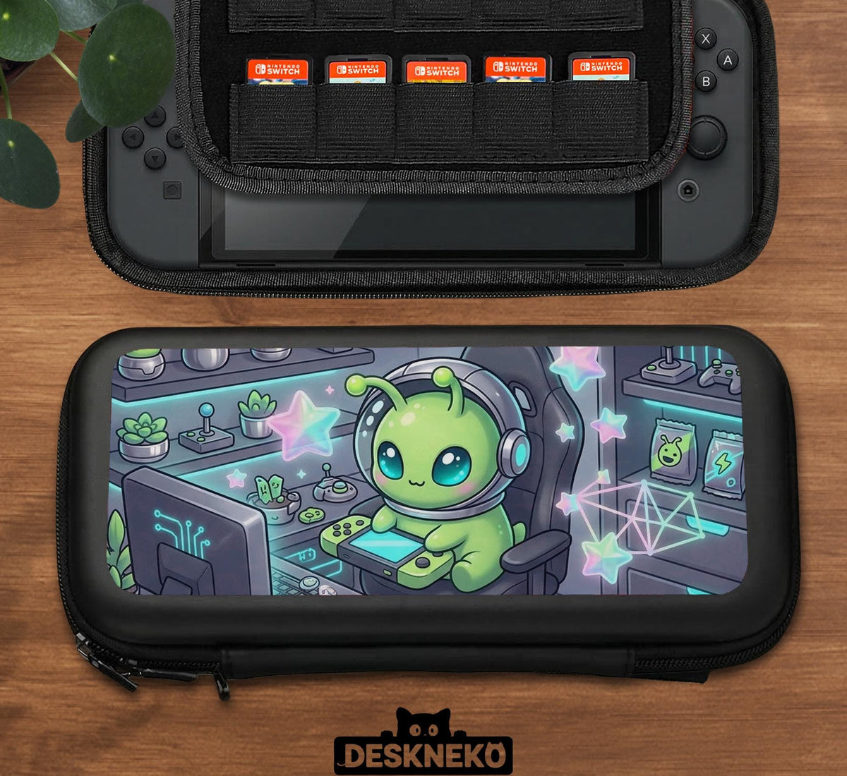 A Switch carrying case design with a cute green alien at a gaming desk, glowing cyan lights, and pastel stars on a dark background.