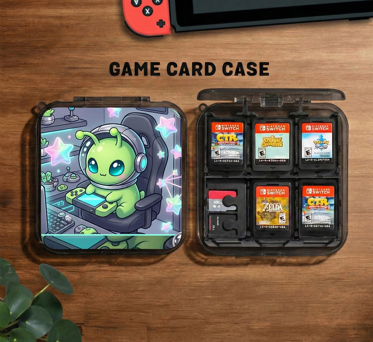 A Switch carrying case design with a cute green alien at a gaming desk, glowing cyan lights, and pastel stars on a dark background.
