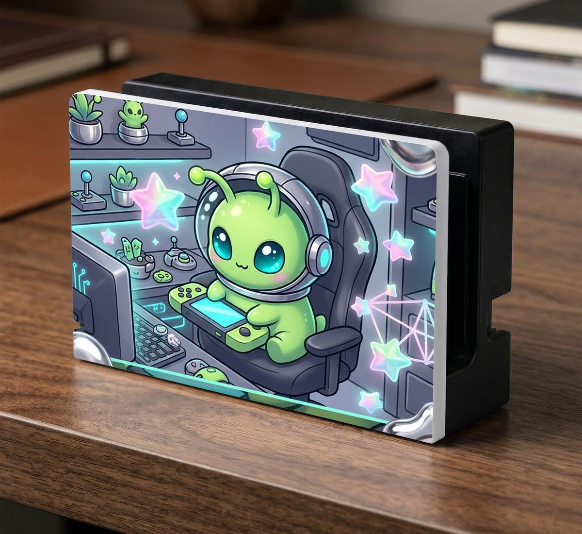 A Switch carrying case design with a cute green alien at a gaming desk, glowing cyan lights, and pastel stars on a dark background.