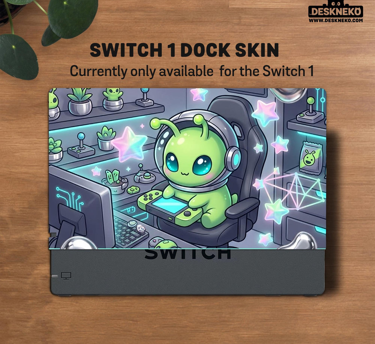 A Switch carrying case design with a cute green alien at a gaming desk, glowing cyan lights, and pastel stars on a dark background.