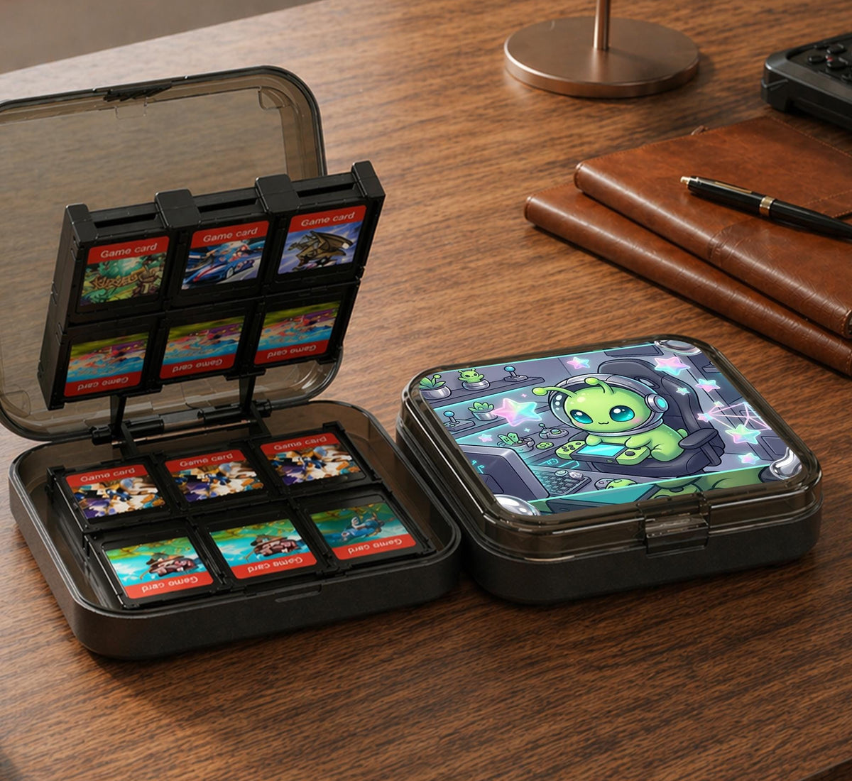 A Switch carrying case design with a cute green alien at a gaming desk, glowing cyan lights, and pastel stars on a dark background.