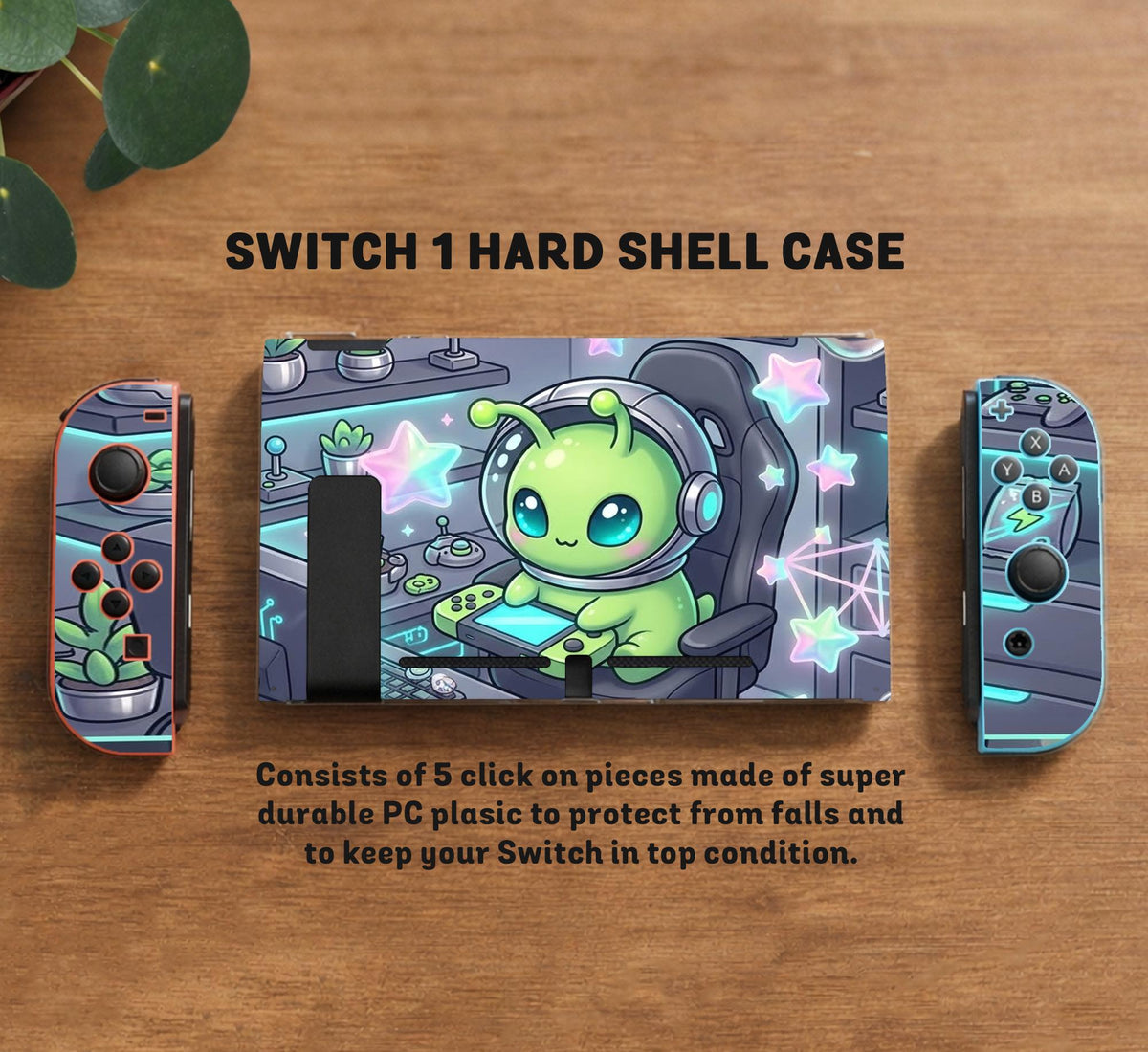 A Switch carrying case design with a cute green alien at a gaming desk, glowing cyan lights, and pastel stars on a dark background.