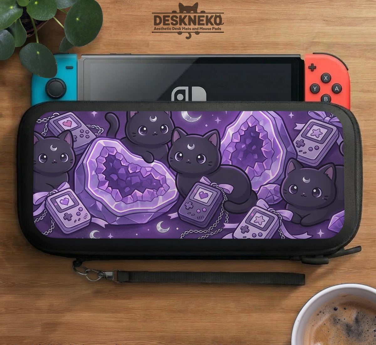 Purple carrying case with black cat faces, moon shapes, stars, and crystal geode style artwork for Nintendo Switch.