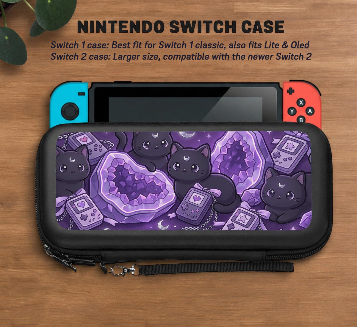Purple carrying case with black cat faces, moon shapes, stars, and crystal geode style artwork for Nintendo Switch.