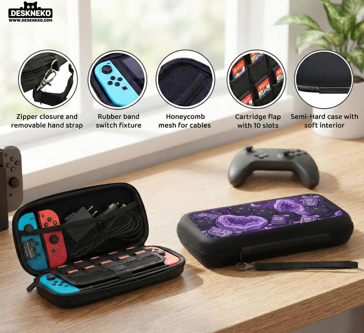 Purple carrying case with black cat faces, moon shapes, stars, and crystal geode style artwork for Nintendo Switch.