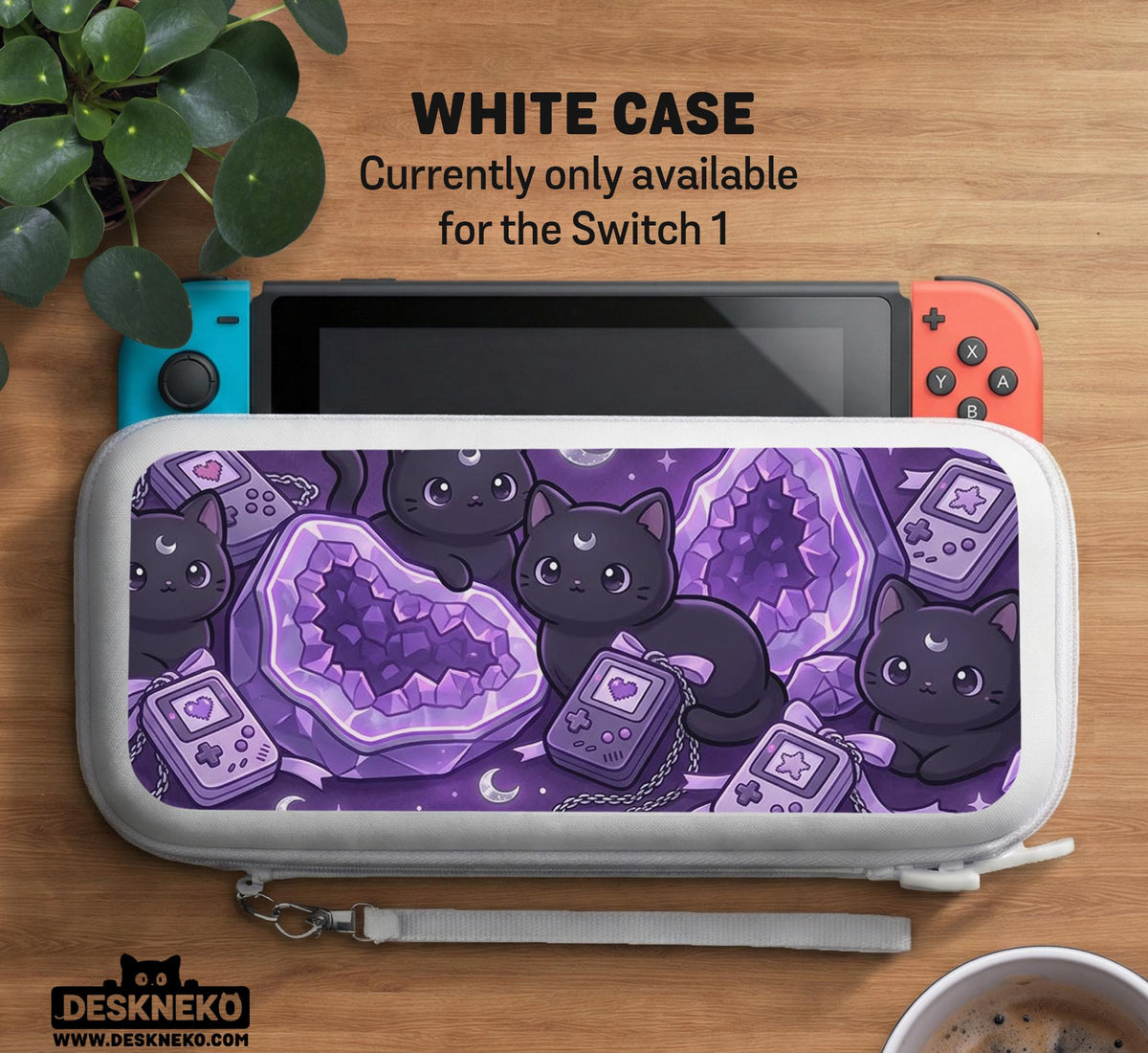 Purple carrying case with black cat faces, moon shapes, stars, and crystal geode style artwork for Nintendo Switch.