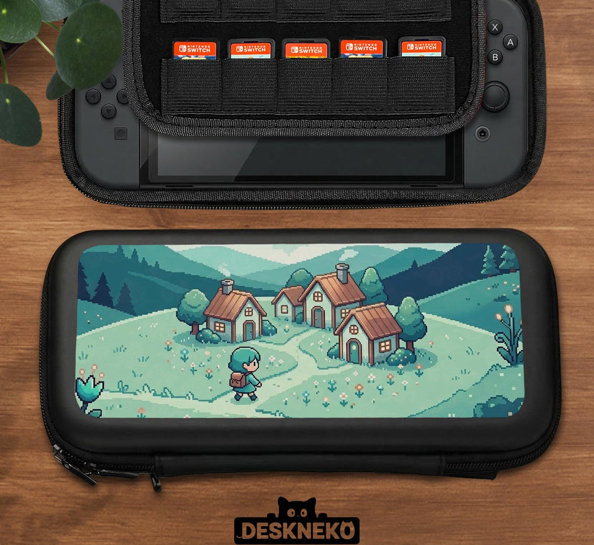 Teal carrying case with a pixel-style village scene, small houses, layered mountains, flowers, and a retro game-inspired landscape design.