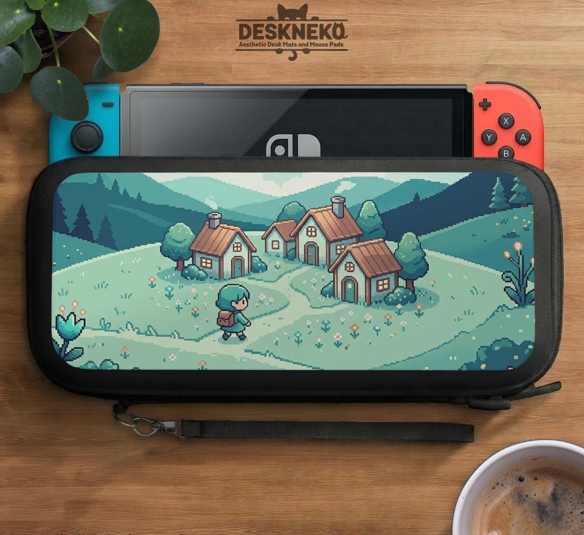 Teal carrying case with a pixel-style village scene, small houses, layered mountains, flowers, and a retro game-inspired landscape design.