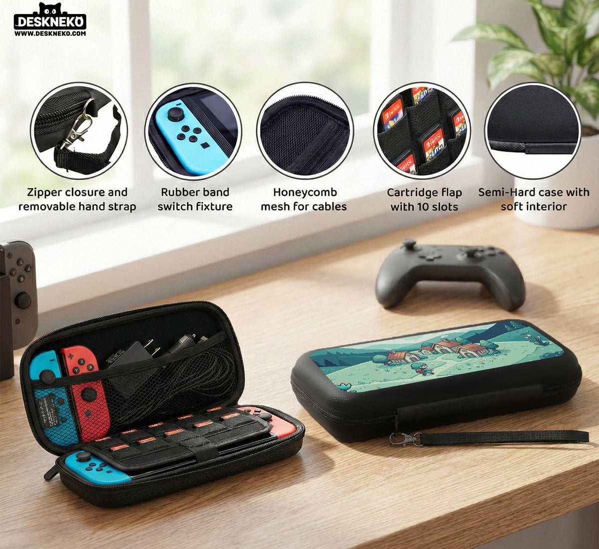 Teal carrying case with a pixel-style village scene, small houses, layered mountains, flowers, and a retro game-inspired landscape design.