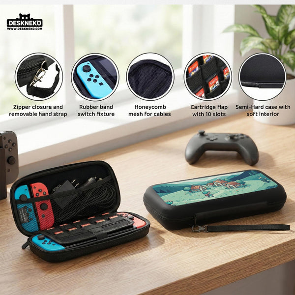 Teal carrying case with a pixel-style village scene, small houses, layered mountains, flowers, and a retro game-inspired landscape design.