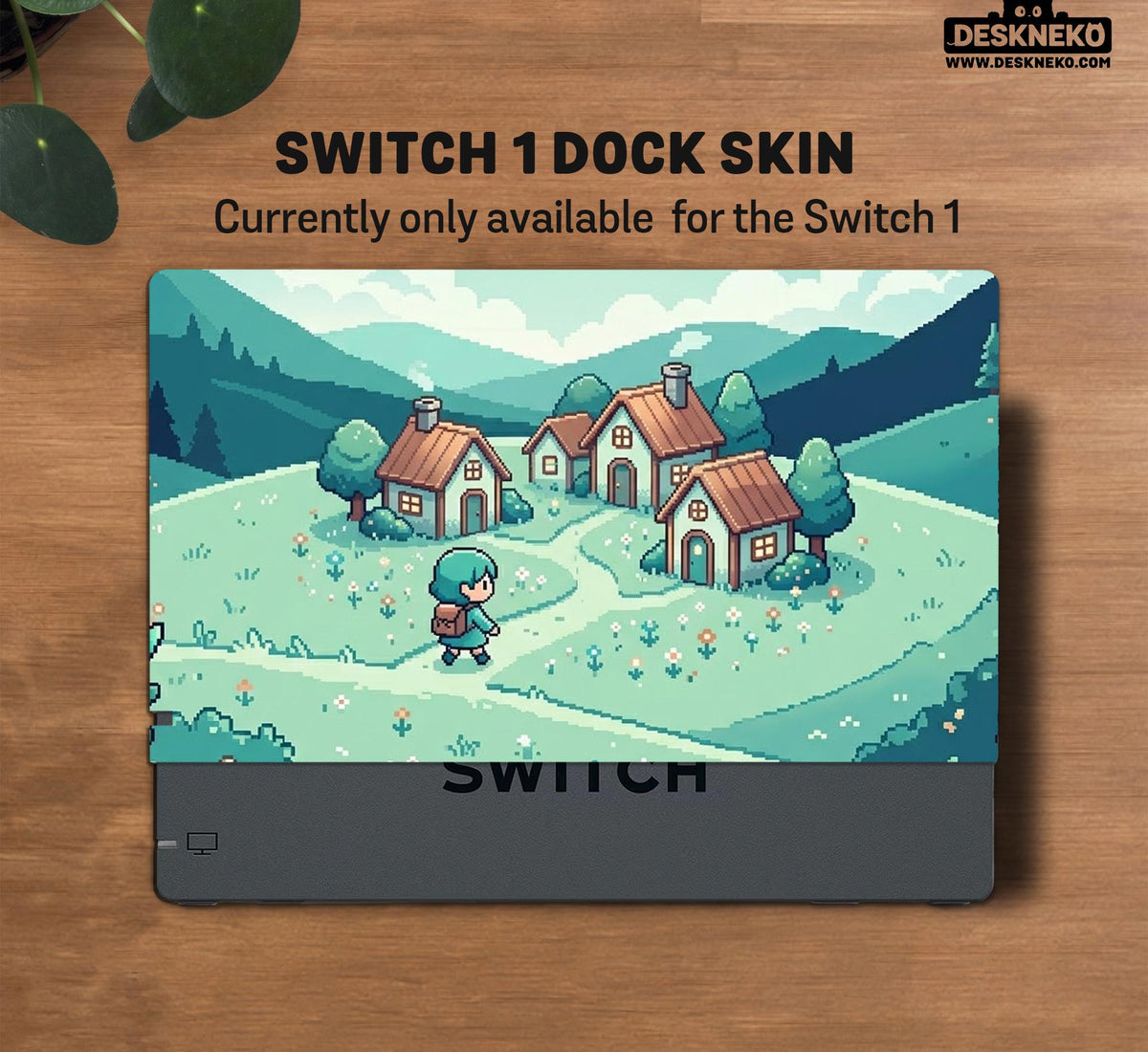 Teal carrying case with a pixel-style village scene, small houses, layered mountains, flowers, and a retro game-inspired landscape design.