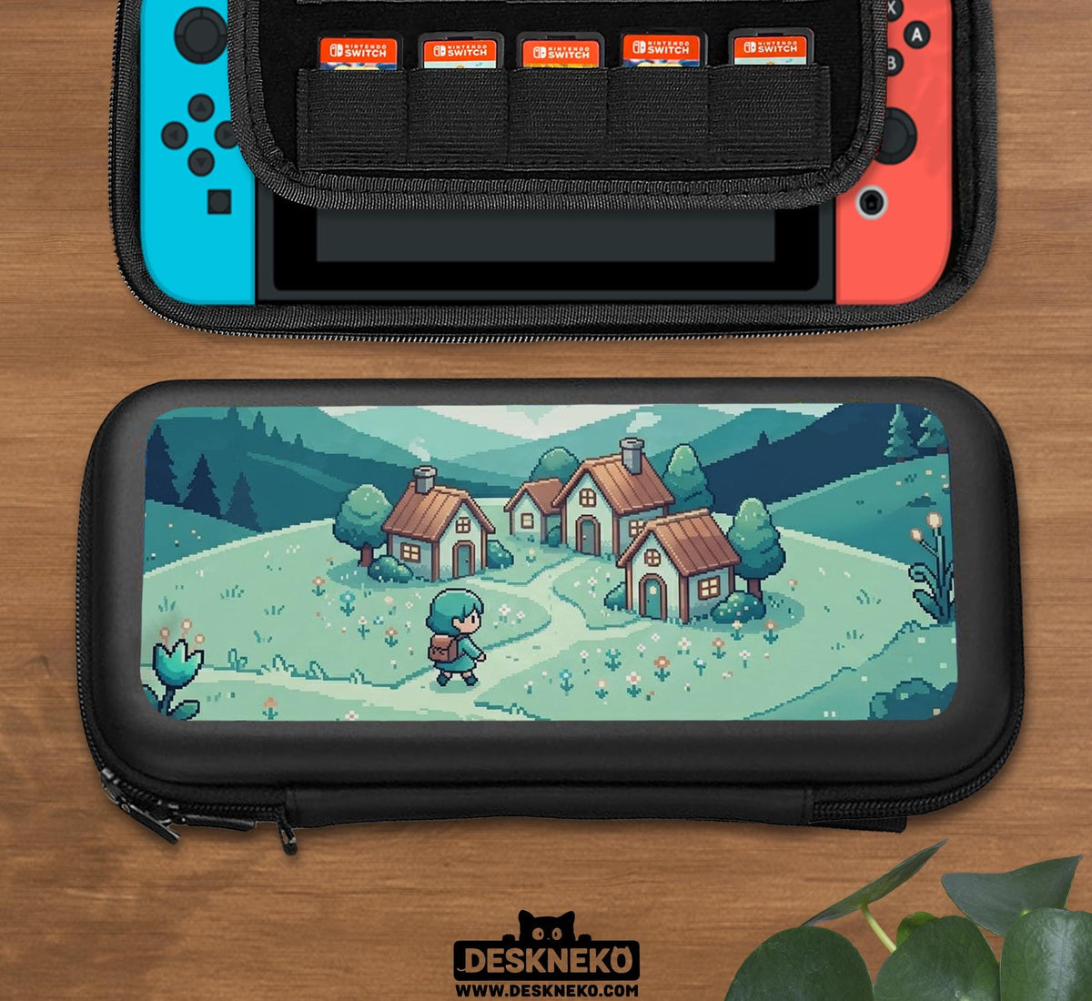 Teal carrying case with a pixel-style village scene, small houses, layered mountains, flowers, and a retro game-inspired landscape design.