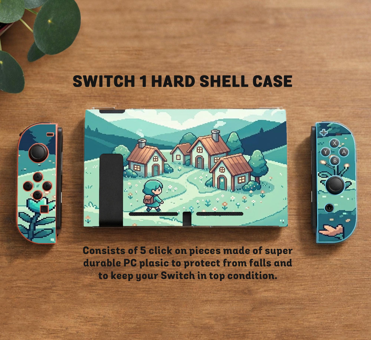 Teal carrying case with a pixel-style village scene, small houses, layered mountains, flowers, and a retro game-inspired landscape design.