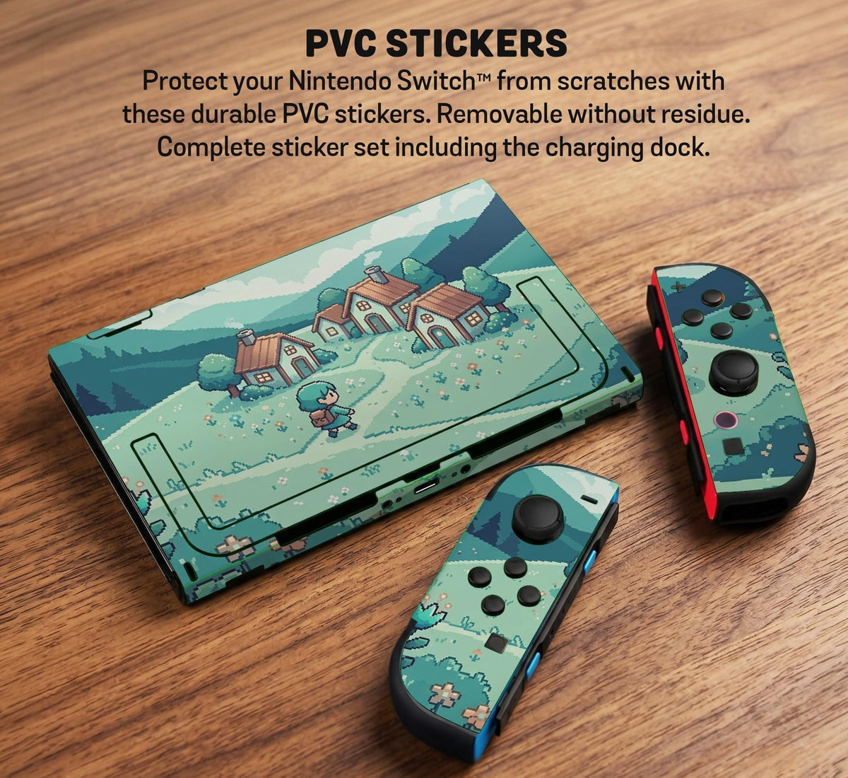 Teal carrying case with a pixel-style village scene, small houses, layered mountains, flowers, and a retro game-inspired landscape design.