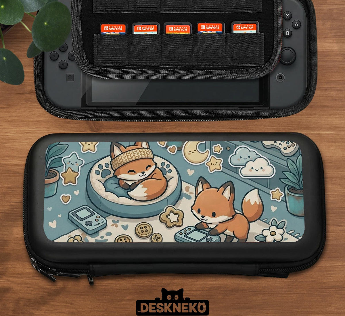 Blue Switch carrying case with cute fox characters, moon and star details, and small potted plants with beige accents.