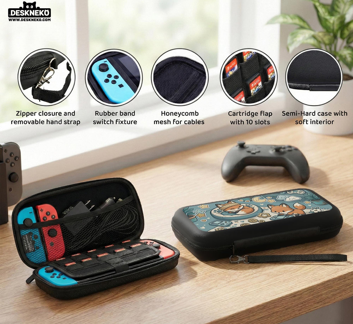 Blue Switch carrying case with cute fox characters, moon and star details, and small potted plants with beige accents.