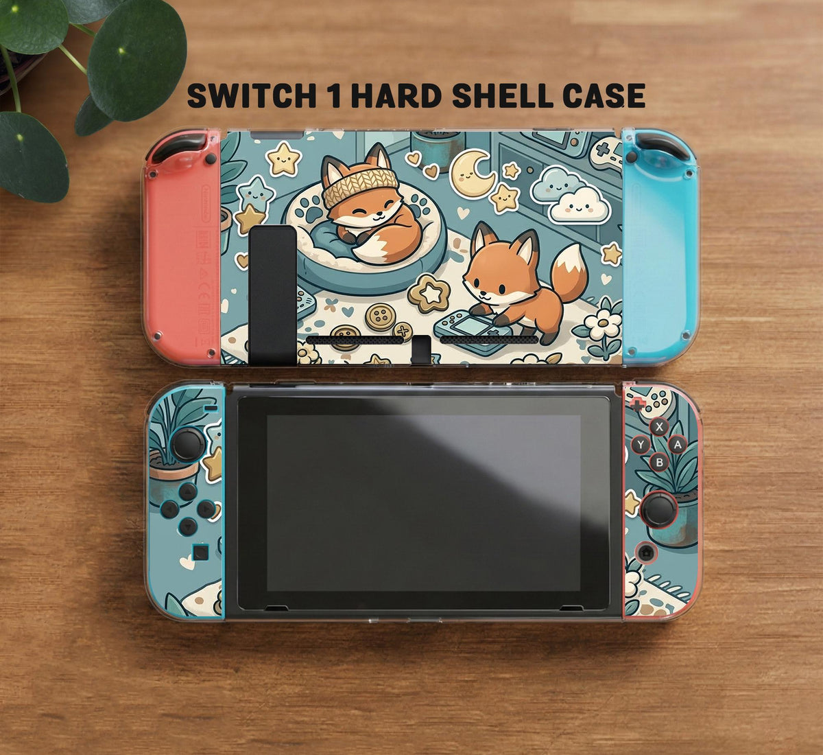 Blue Switch carrying case with cute fox characters, moon and star details, and small potted plants with beige accents.