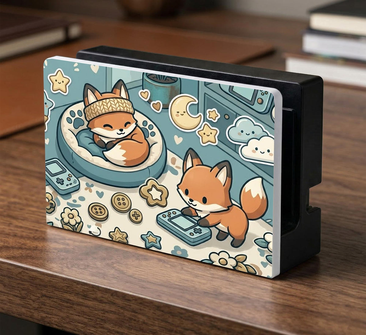 Blue Switch carrying case with cute fox characters, moon and star details, and small potted plants with beige accents.