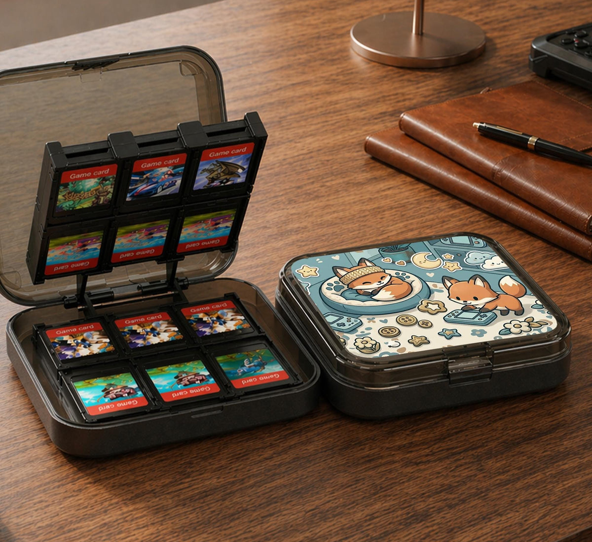 Blue Switch carrying case with cute fox characters, moon and star details, and small potted plants with beige accents.