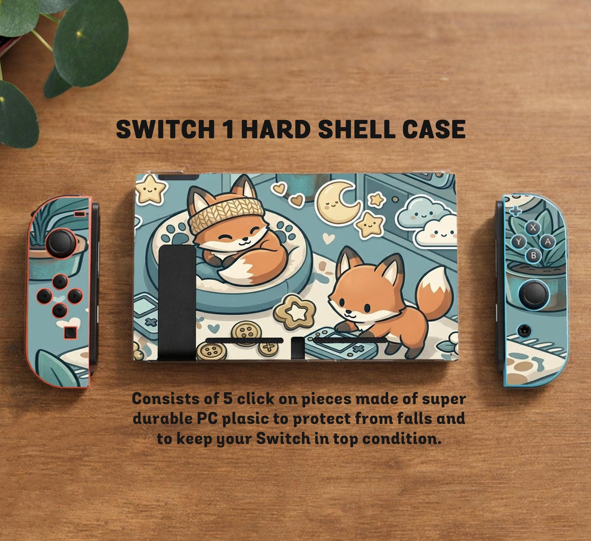 Blue Switch carrying case with cute fox characters, moon and star details, and small potted plants with beige accents.