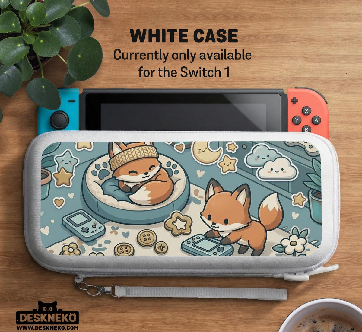 Blue Switch carrying case with cute fox characters, moon and star details, and small potted plants with beige accents.