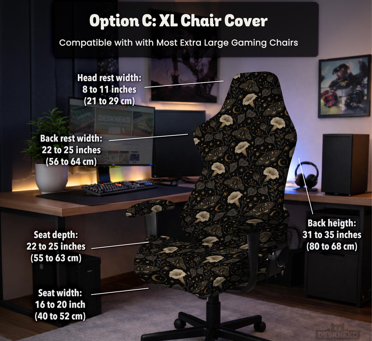 Black chair cover with a moth, moon, and flower pattern in gold, ivory, and dark botanical tones.
