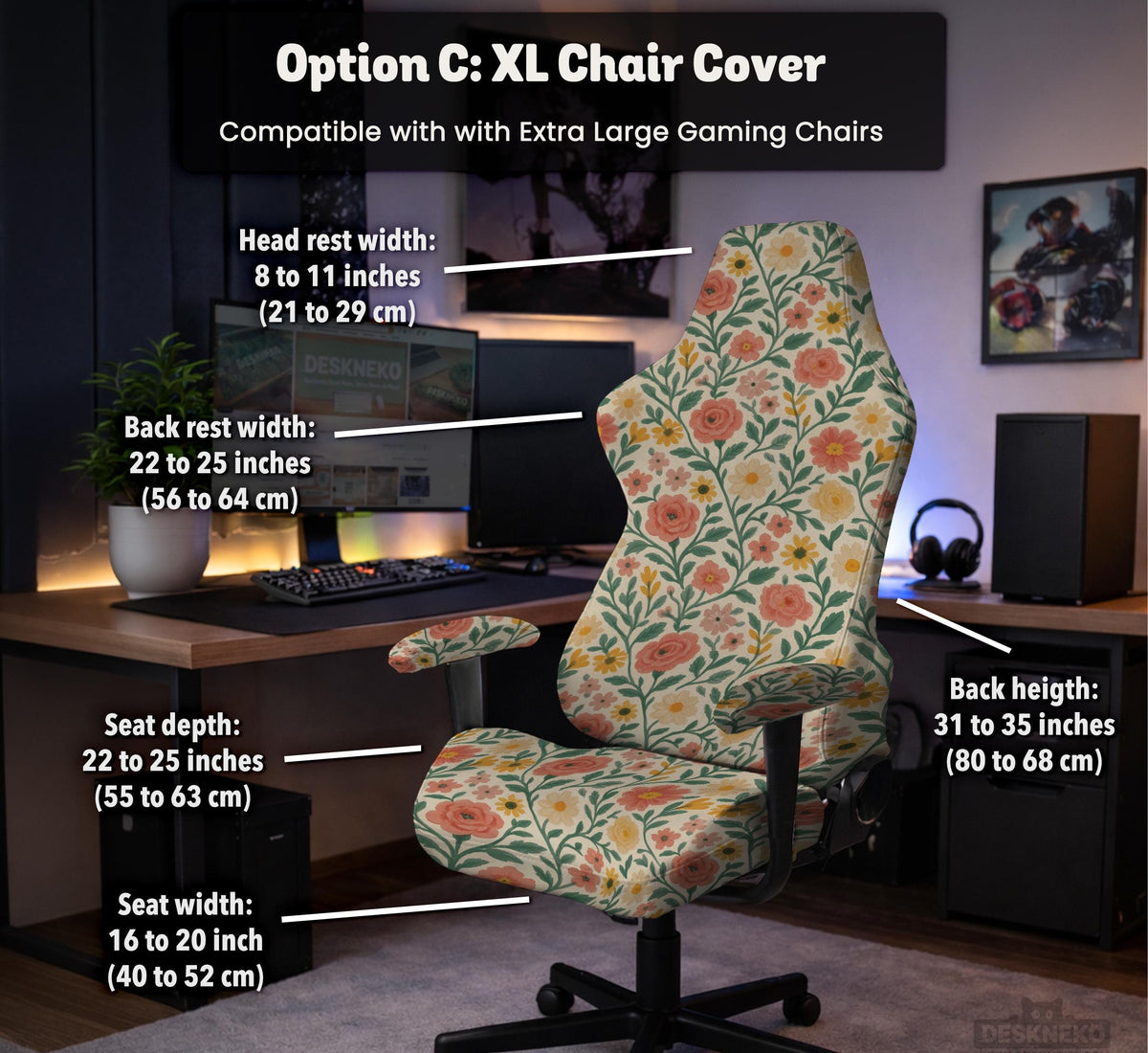 Cream desk chair cover with a vintage floral print featuring coral roses, mustard daisies, and green vines on a chair.