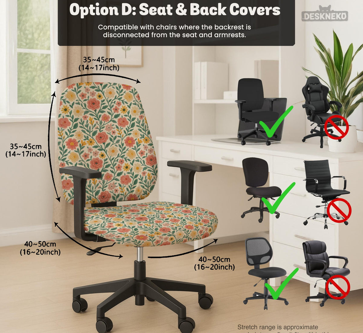 Cream desk chair cover with a vintage floral print featuring coral roses, mustard daisies, and green vines on a chair.