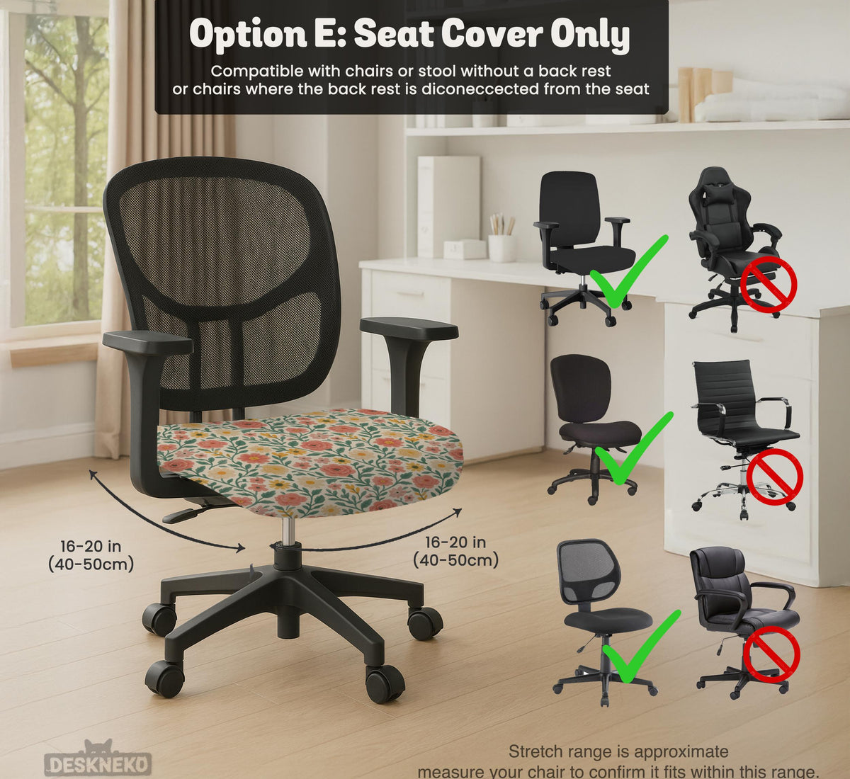 Cream desk chair cover with a vintage floral print featuring coral roses, mustard daisies, and green vines on a chair.