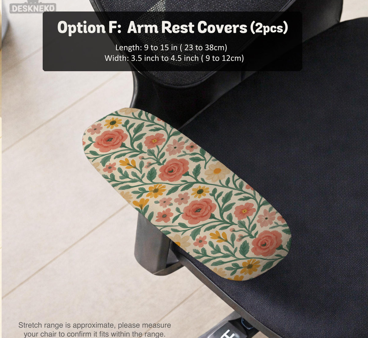 Cream desk chair cover with a vintage floral print featuring coral roses, mustard daisies, and green vines on a chair.
