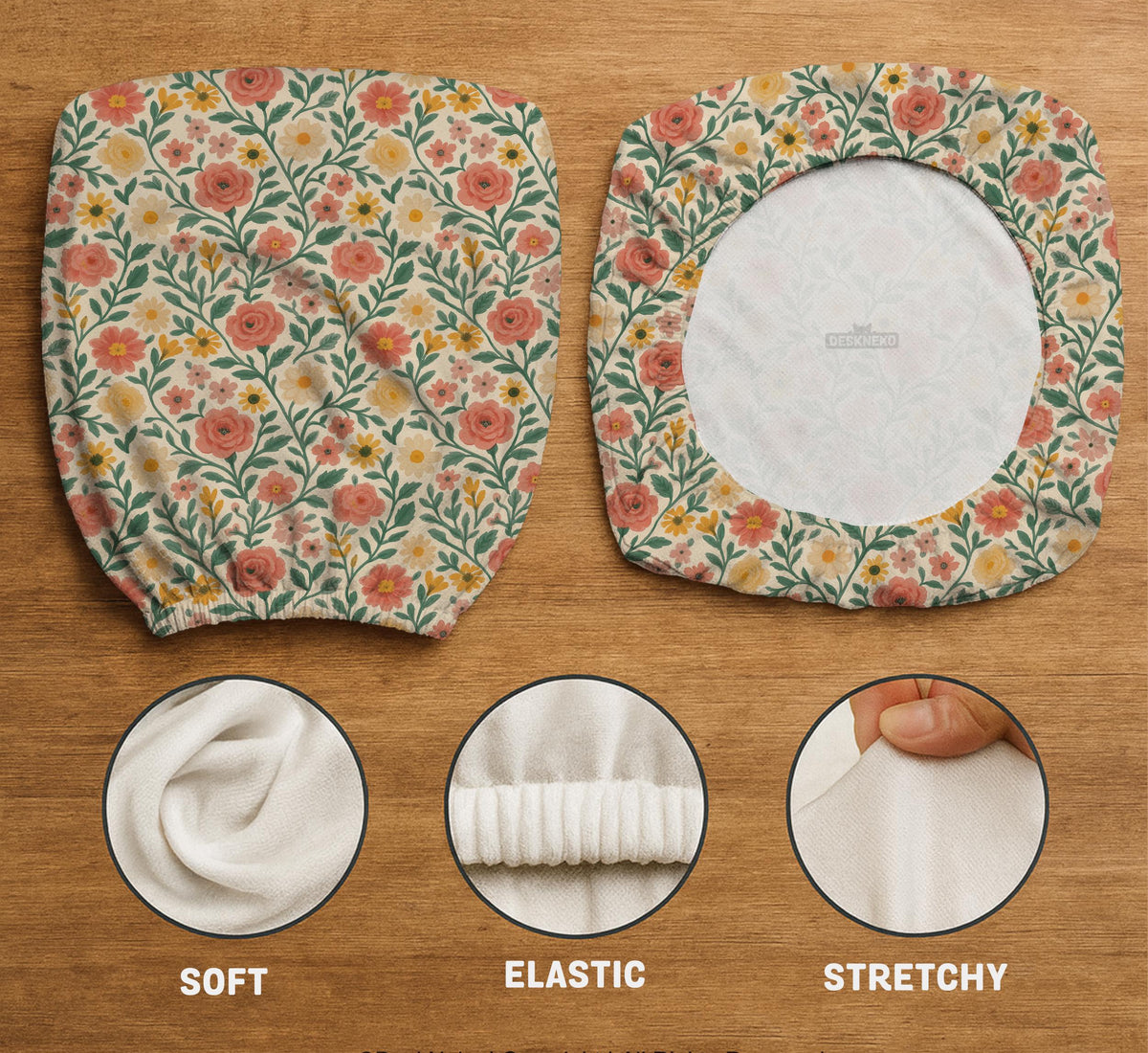 Cream desk chair cover with a vintage floral print featuring coral roses, mustard daisies, and green vines on a chair.