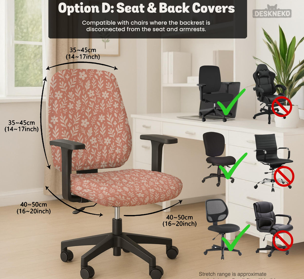 Pink chair cover with a botanical floral print shown on an office chair, with matching armrest covers and multiple cover style options.
