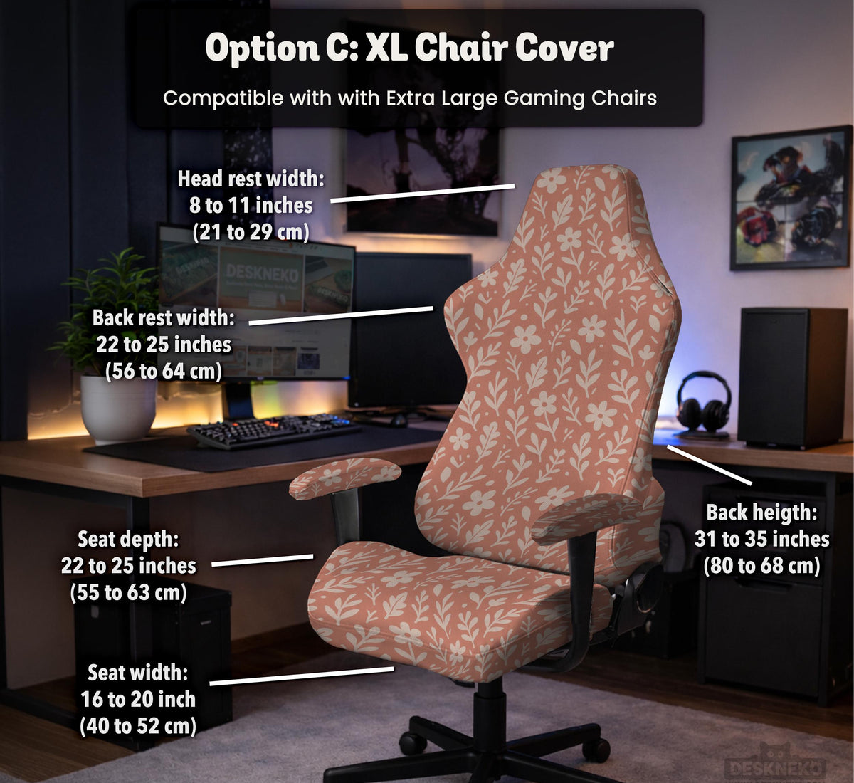 Pink chair cover with a botanical floral print shown on an office chair, with matching armrest covers and multiple cover style options.